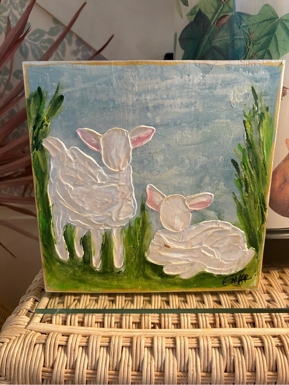 Original lamb painting on wood block